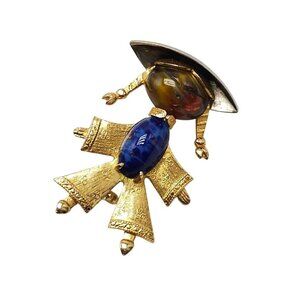 Vintage Asian Figure Brooch Gold Tone Art Glass 1960s Costume Jewelry